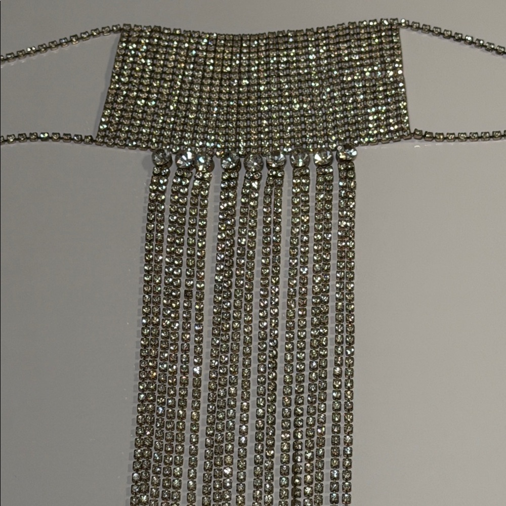 Silver Chain Fringe Necklace Chocker with Multiple Chains and Rhinestones. 23” - Picture 5 of 10